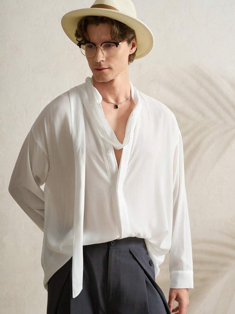 Manfinity Dauomo Áo sơ mi dài tay nam màu trơn kiểu dáng thường ngày có nơ - trắng - Xem 1