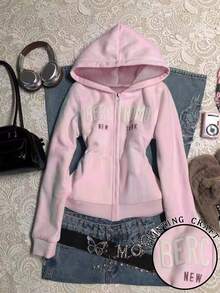 Glimmora Women's Letter Print Long Sleeve Zip Front Casual Sweatshirt - Pink - View 1