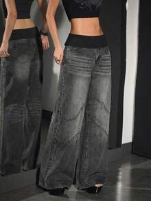 SHEIN Unity Quần jean ống rộng dáng suông, phối màu đa năng dành cho nữ, thích hợp mặc đi làm. - Màu xám đen - Xem 6