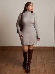 Lupita Cardoza 冬季女装高领毛衣裙保暖针织打底裙喇叭袖A字裙修身显瘦毛衣裙长袖连衣裙黑色连衣裙 - 灰色 - 查看 3