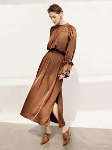 Aalyst Women's Chocolate Brown Satin Ruched Waist Flare Hem Long Sleeve Dress,Elegant Retro Chic Design For Autumn Tea Party,Christmas,Work,Vacation,Spring - Brown - View 6