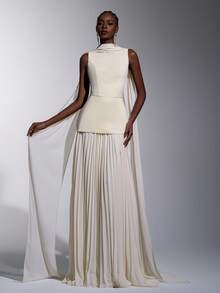 Elitara Đầm dự tiệc thanh lịch, lãng mạn, thời trang màu mơ, chất liệu chiffon co giãn, phối nhiều mảnh vải, xếp ly ở gấu váy, cổ thuyền, thích hợp cho khách dự đám cưới, đi nghỉ mát hoặc làm phù dâu. - Màu be - Xem 2