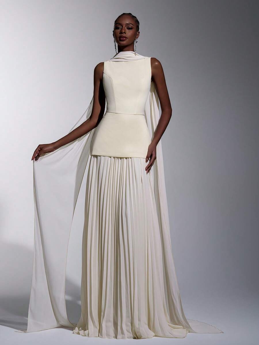 Elitara Đầm dự tiệc thanh lịch, lãng mạn, thời trang màu mơ, chất liệu chiffon co giãn, phối nhiều mảnh vải, xếp ly ở gấu váy, cổ thuyền, thích hợp cho khách dự đám cưới, đi nghỉ mát hoặc làm phù dâu.