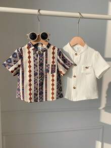 SHEIN Bộ 2 món áo sơ mi cổ trắng họa tiết mùa hè cho bé trai, thích hợp cho tiệc sinh nhật, tiệc tưng bừng, tiệc tối, biểu diễn, đám cưới, tiệc mừng em bé chào đời, lễ rửa tội và lễ kỷ niệm sinh nhật lần thứ nhất. - Nhiều màu - Xem 5