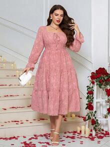 SHEIN Clasi Đầm dài tay thanh lịch, thắt eo bằng vải jacquard dành cho nữ cỡ lớn, thích hợp cho các buổi hẹn hò và tiệc tùng. - Hồng - Xem 6