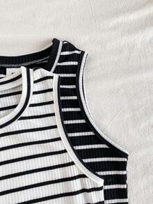 Vintaside Kids 2件套女童黑白罗纹图案无袖休闲修身连衣裙，夏季 - 黑與白 - 查看 7