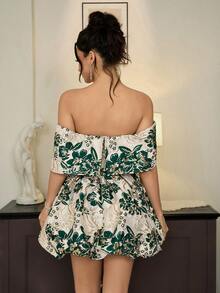 Poshira Women's Floral Jacquard Off-Shoulder Ruffle Hem Elegant Ball Gown Dress - Blue - View 3