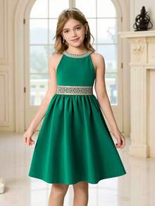Girls' Sleeveless Dress With Spaghetti Straps, Green Pleated Skirt, Gold Trim Collar And Waistband, Fashion Elegant Dress For Casual Wear And Parties, Spring/Summer Halter Neck Green Dress Green Dress For Girl Girls Special Occasion Dress Emerald Green Elegant Girls Dress Tween Formal Green Dress - Green - View 3