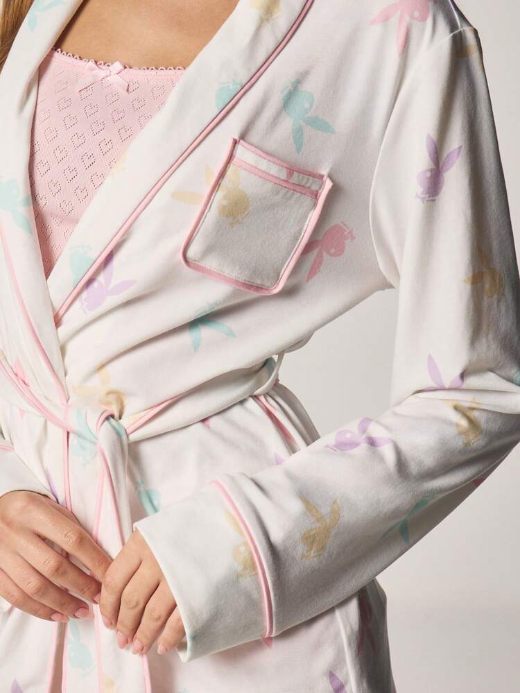 Missguided x Playboy Pastel Butterfly Print Pajama Robe With Belt And Collar Long Sleeve Sleepwear For Spring Summer