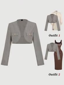 SHEIN MOD Áo khoác nữ ngắn mỏng họa tiết răng cưa thời trang, thích hợp mặc mùa xuân, ngày Valentine, đi chơi, đi làm, công sở, thanh lịch, phong cách cổ điển, sang trọng, dự tiệc, trang trọng, phù hợp cho nữ giáo viên, retro, ấm áp. - màu nâu - Xem 5