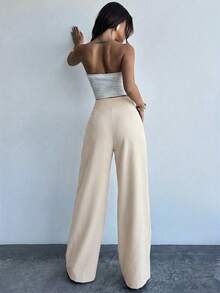 Firerie 女士优雅休闲阔腿裤，杏色纯色高腰褶裥宽松长裤，时尚百搭，新款春夏裤装，度假裤 - 杏色 - 查看 2