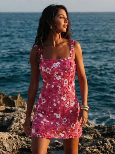 Nevyona Women's Casual Holiday Pink Sequin Minimalist Sexy Party Dress Floral Summer Dress Women Hibiscus Dress Wildflower Dress Vacation Dress Woman Summer Sundress Women