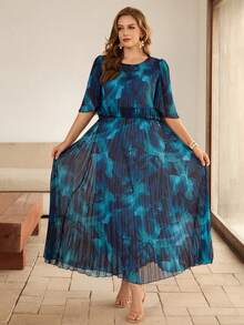 Roveilla 加大码蓝色连衣裙，褶皱梭织面料，长款多色随机印花，圆领七分袖泡泡袖，加大码连衣裙，女士加大码连衣裙，蓝色加大码连衣裙，褶皱连衣裙，加大码波西米亚风连衣裙 - 彩色 - 查看 6