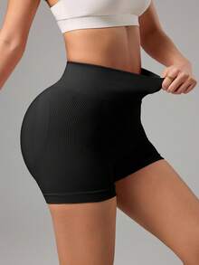 Easithlete Pantalones cortos de mujer de unicolor, cintura alta, casuales y de fitness - Negro - Ver 6