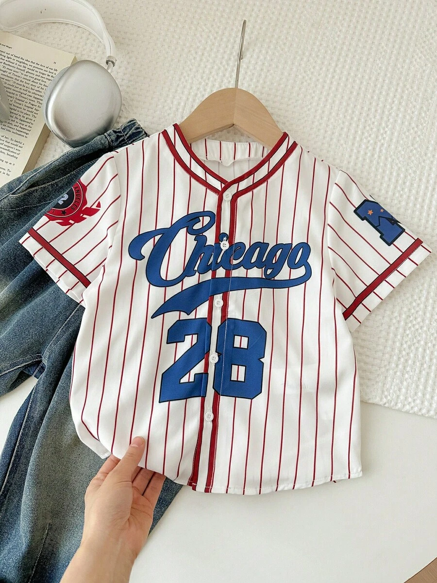 Young Boy Woven Round Neck Striped Letter & Number Graphic Casual Shirt