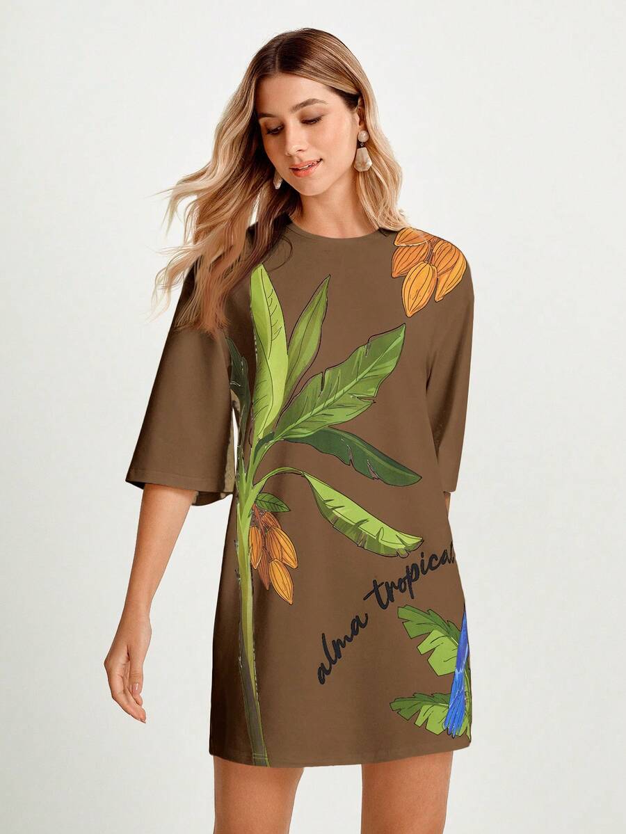 CAJUNI Đầm nữ dáng rộng cổ tròn tay ngắn in họa tiết cây nhiệt đới, thích hợp mặc đi nghỉ mát. - màu nâu - Xem 1