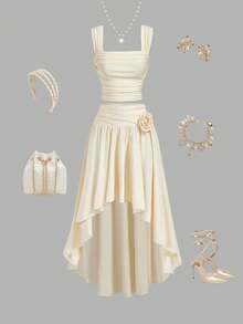 SHEIN MOD Elegant Cream-Colored Camisole And Asymmetric Hem Outfit, Women Summer Set,Valentine's Day,Carnival Costumes ,Holiday Outfits For Women,Beach Set,Date,Garden, Afternoon Tea - Apricot - View 1