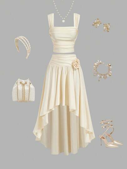 SHEIN MOD Elegant Cream-Colored Camisole And Asymmetric Hem Outfit, Women Summer Set,Valentine's Day,Carnival Costumes ,Holiday Outfits For Women,Beach Set,Date,Garden, Afternoon Tea