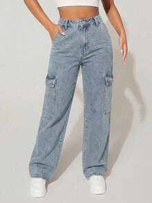 SHEIN PETITE Casual Washed High Waist Straight Leg Cargo Jeans - Blue - View 4