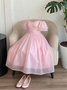 SHEIN 青少年女孩梭织纯色荷叶边吊带背心连衣裙 - 淺粉色 - 查看 1