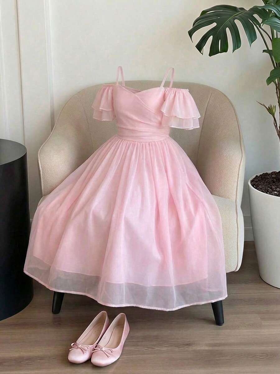 SHEIN 青少年女孩梭织纯色荷叶边吊带背心连衣裙 - 淺粉色 - 查看 1