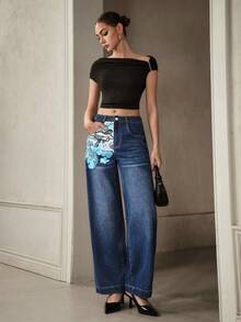 Selenza 女士带口袋阔腿宽松休闲百搭牛仔裤 - 藍色 - 查看 7