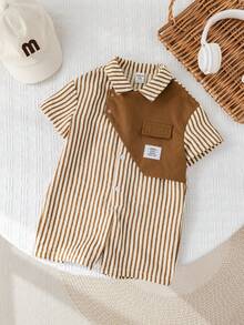 SHEIN Newborn Baby Boy Brown And White Polka Dot,Summer,Casual,Cute,Family Matching Color Block Lapel Romper,Collegiate Style Birthday Party Wedding Outfit - Multicolor - View 5