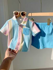 SHEIN 2件套幼儿男童春夏休闲条纹短袖衬衫和短裤套装，度假风穿搭 - 藍色 - 查看 7
