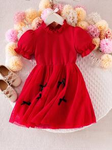 Youth Girls Red Puff Sleeve Short Dress With Stand Collar Zipper And Halloween Pattern - Red - View 4