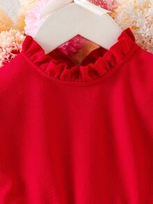 Youth Girls Red Puff Sleeve Short Dress With Stand Collar Zipper And Halloween Pattern - Red - View 7