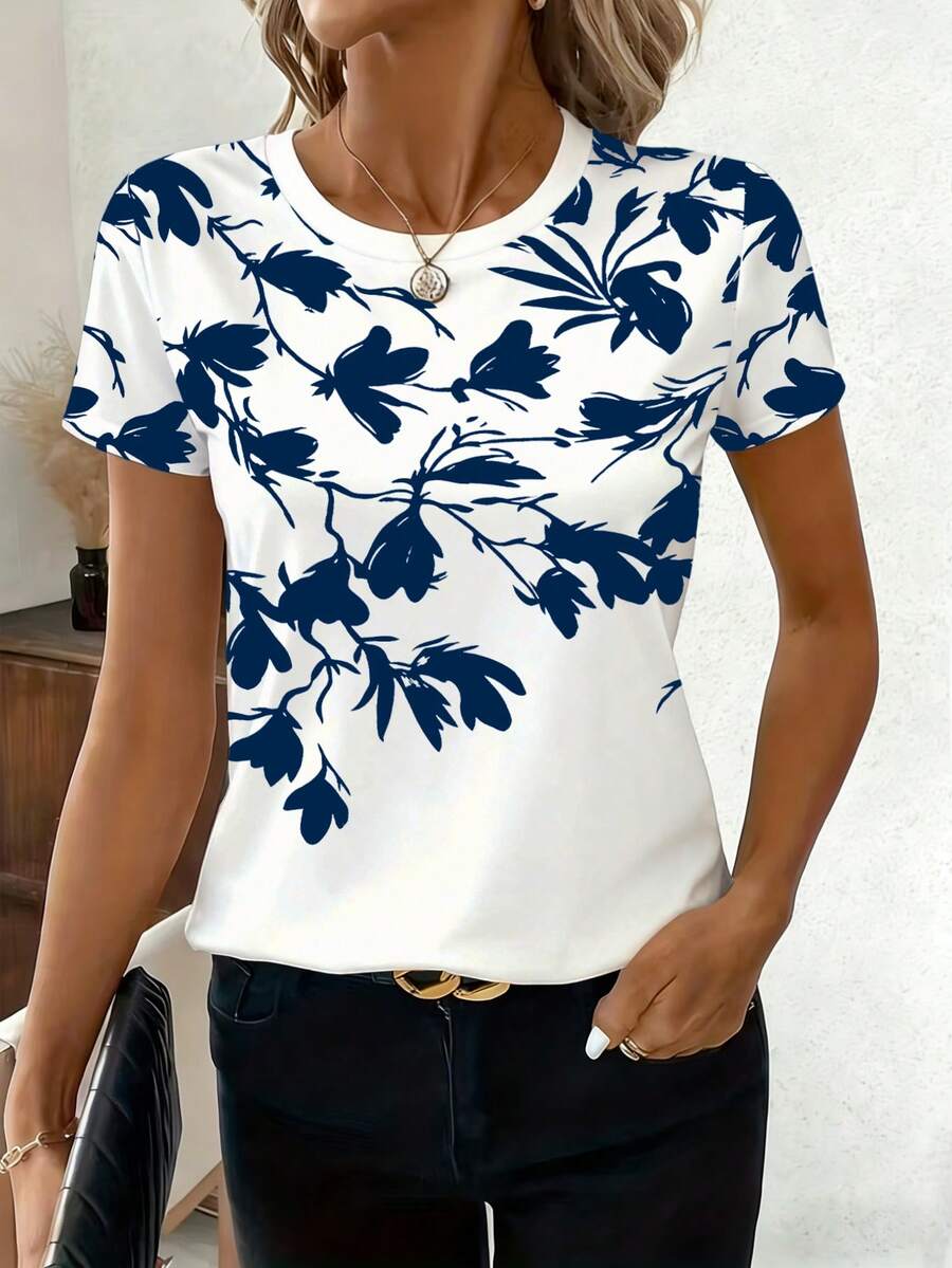 EMERY ROSE Casual Floral Print Round Neck Short Sleeve T-Shirt, Summer - Multicolor - View 1