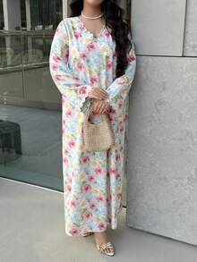 Yasmyna Women's Floral Print V-Neck Elegant Arabic Style Dress Summer Dress With Sleeve Floral Dress For Women - Multicolor - View 8