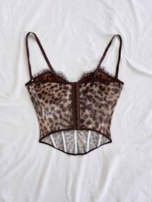 Soleia Top Bustier de Talla Grande con Estampado de Leopardo y Ribete de Encaje, Beige, Verano, Elegante, Salida Nocturna, Club, Vacaciones, Fiesta, Cita, Día de San Valentín, Festival para Mujeres - Multicolor - Ver 3