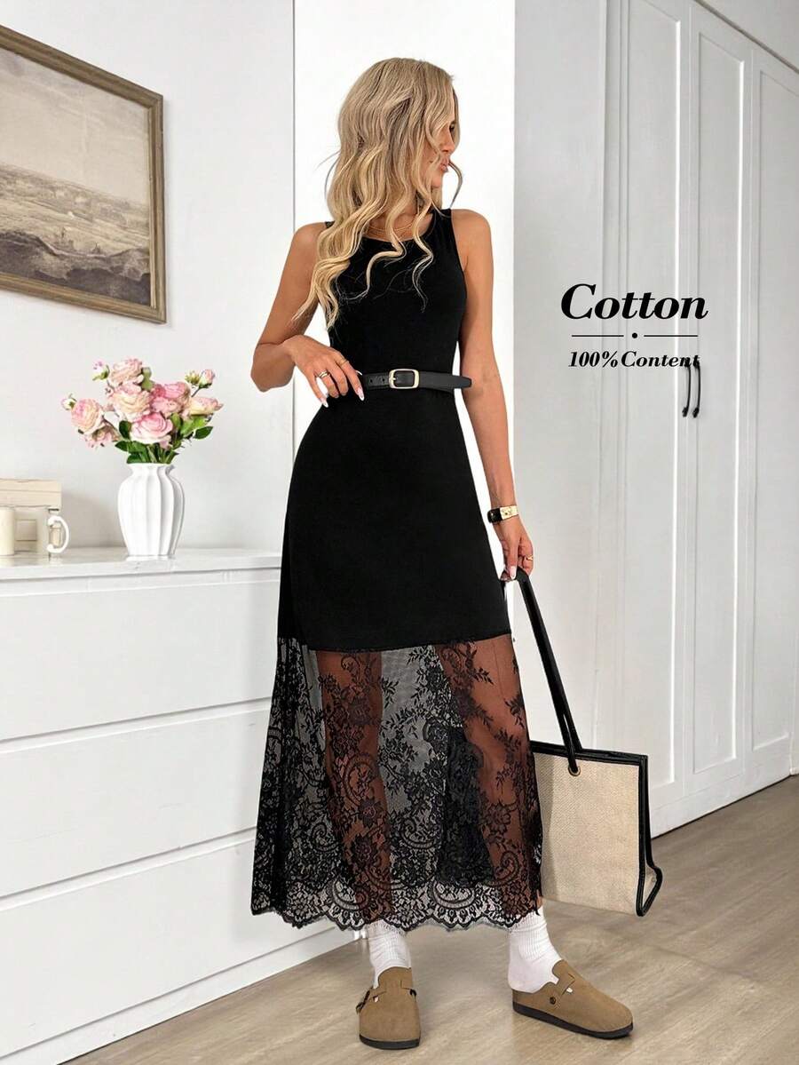 Easowa Women's Contrast Lace Round Neck Sleeveless Elegant Mid-Length Dress Cotton Dress Black Dress Elegant Dress For Women Birthday Dresses For Women New Year's Outfit For Women Solid Color Crew Neck Short Sleeve Loose Casual Lace Dress, Suitable For Outings And Commuting Airport Outfit Women Old Money Dress Going Out Dress Teacher Outfits Dresses For Women Elegant Lace Black Dress Black Summer Dress Women French Style Dress Black Sleeveless Dress Black Dress Casual - Black - View 1
