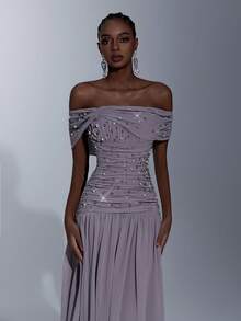 Elitara Elegant Gray-Purple High Stretch Mesh Off Shoulder Waist Slimming Ruched Handmade Beaded Rhinestone A-Line Dress, Suitable For Dates, Vacations, Singles Parties, Weddings, Formal Galas - Dusty Purple - View 4