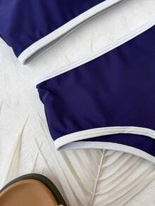 SHEIN 少女撞色滚边泳衣套装，沙滩/度假款 - 寶藍色 - 查看 5