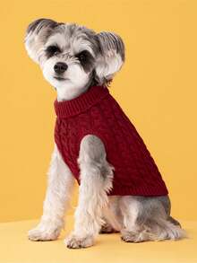 1 pieza Suéter de mascota de cuello alto de unicolor con botón de madera y tejido de punto elástico y cómodo, adecuado para gatos y perros en otoño/invierno, Navidad - Rojo - Ver 1