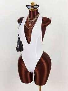 Amplova Women's Halter V-Neck Bodysuit, Backless Sexy & Avant-Garde, White Textured Fabric - White - View 10