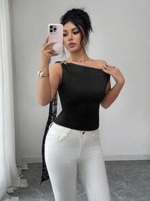 Elenzga 优雅蕾丝吊带无袖衬衫，饰有蝴蝶结，精致时尚，适合工作和度假穿着，复古风格，春夏必备。 - 黑色 - 查看 5