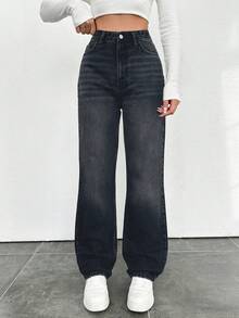 EURMUSE Jeans rectos de algodón 100% para mujer con bolsillos - Gris Oscuro - Ver 5