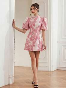 Revavyn 时尚高端撞色设计，黑色底色搭配紫红色提花面料，优雅法式贵族风格，泡泡袖收腰简约女式短袖迷你连衣裙 - 粉色 - 查看 6