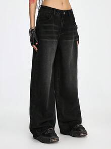 ROMWE Grunge Punk 女士休闲时尚街头十字翅膀印花低腰宽松阔腿牛仔裤 - 黑色 - 查看 4