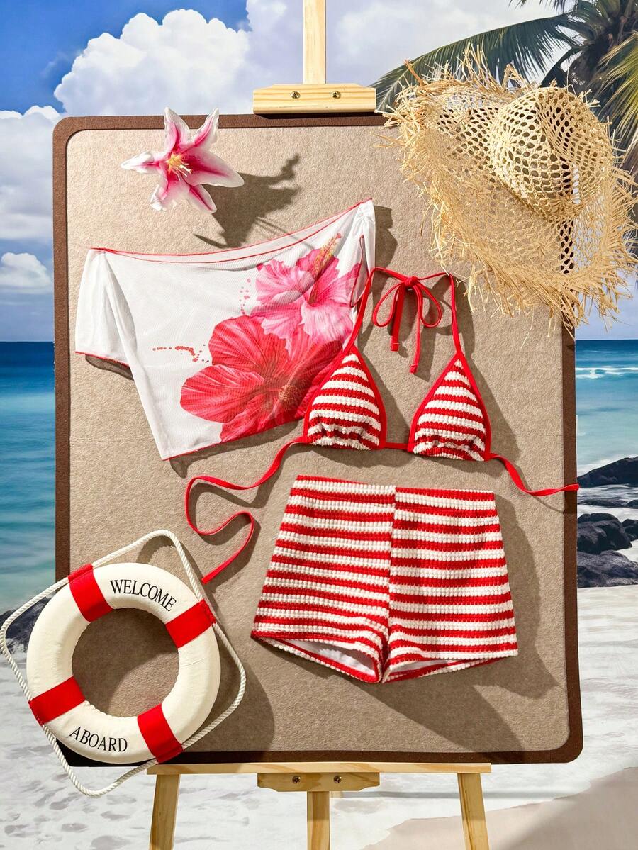 Swim Vcay 2026新款春夏三件套女士特殊面料三角比基尼、泳裤、网纱罩衫沙滩度假休闲泳装套装 - 彩色 - 查看 1