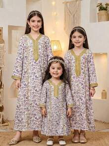 SHEIN Young Girl White Summer Traditional Arabian Dress Floral Print Long Sleeve Jalabiya For Wedding Al-Adha,Matching Mom & Daughter Kaftan Prayer Robe - Mauve Purple - View 2
