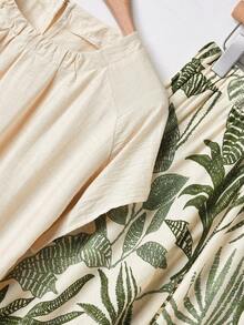 Rusticease Women's Beige Summer Tropical Holiday Vacation Holiday 2-Piece Set,Solid Color Raglan Sleeve Shirt&Tropical Plant Print Wide Leg Pants Skirt Set - Multicolor - View 6