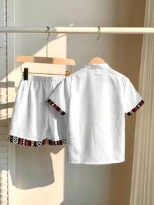 2pcs/Set Young Boy Casual Shirt + Shorts, Suitable For Summer - White - View 4