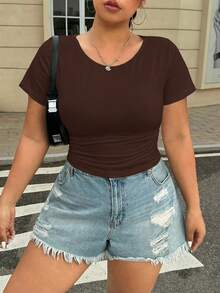 SHEIN EZwear Plus Size Brown Ruched Waist Elastic T-Shirt - Brown - View 5