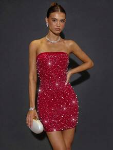 SHEIN BAE Red Heavily Embellished Rhinestone Mini Dress, Bustier Style Solid Summer 70s Party,Formal Event Gala Festival Halloween Christmas Mini Dress - Red - View 6