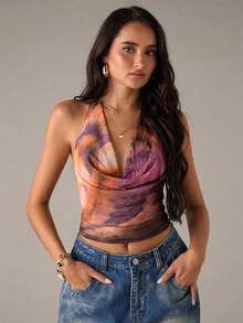 SHEIN BAE Women's Tie-Dye Halter Backless Sexy Versatile Top For Dates And Parties - Purple - View 3