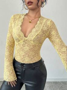 Firerie Women's Black V-Neck Lace Patchwork Flare Sleeve Lace Blouse - Light Yellow - View 8